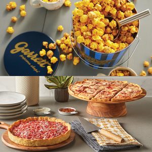 2 Garrett Popcorn Classic Tins, 2 Lou’s Thin Crust Pizzas & 1 Deep Dish Pizza