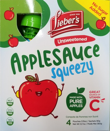 Lieber’s Unsweetened Applesauce Squeezy Pouches, No Sugar Added, Kosher for Passover, 3.15 oz (4 Count)