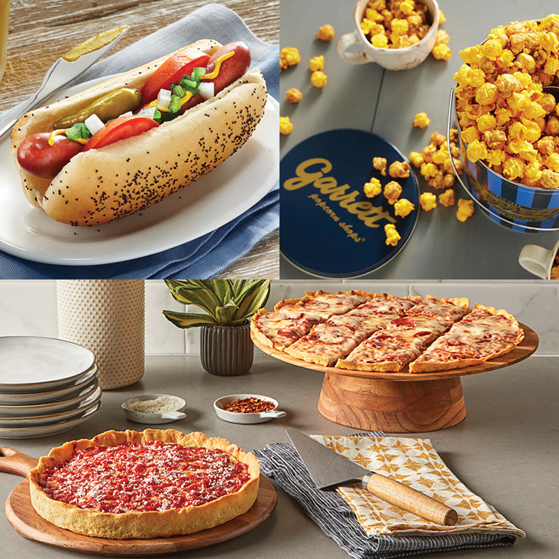 Garrett Popcorn Classic Tin, Vienna Beef Hot Dog Kit, 2 Lou’s Thin Crust Pizzas & 1 Deep Dish Pizza