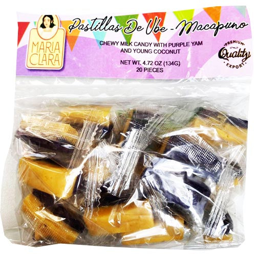 Maria Clara – Pastillas de UBE Macapuno – Chewy Milk Candy with Purple Yam and Young Coconut – 20 Pieces – 133 G