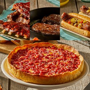 2 Gibsons 14oz. GGA Ribeye Steaks, Nottoli Italian Sausage Sandwich Kit, Twin Anchors Ribs & 1 Lou’s Pizza