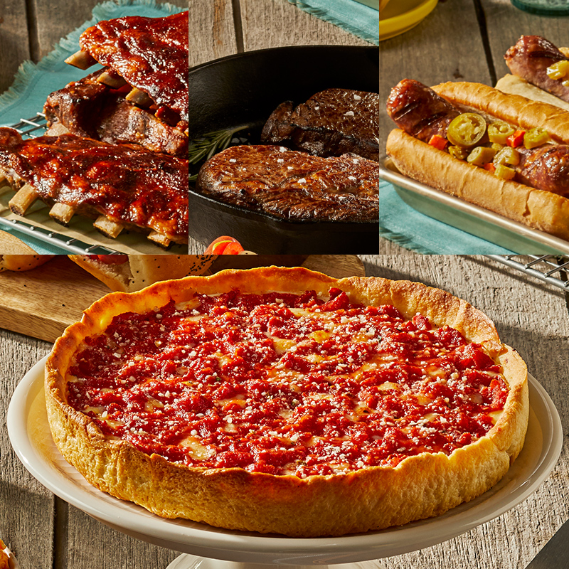 2 Gibsons 14oz. GGA Ribeye Steaks, Nottoli Italian Sausage Sandwich Kit, Twin Anchors Ribs & 1 Lou’s Pizza