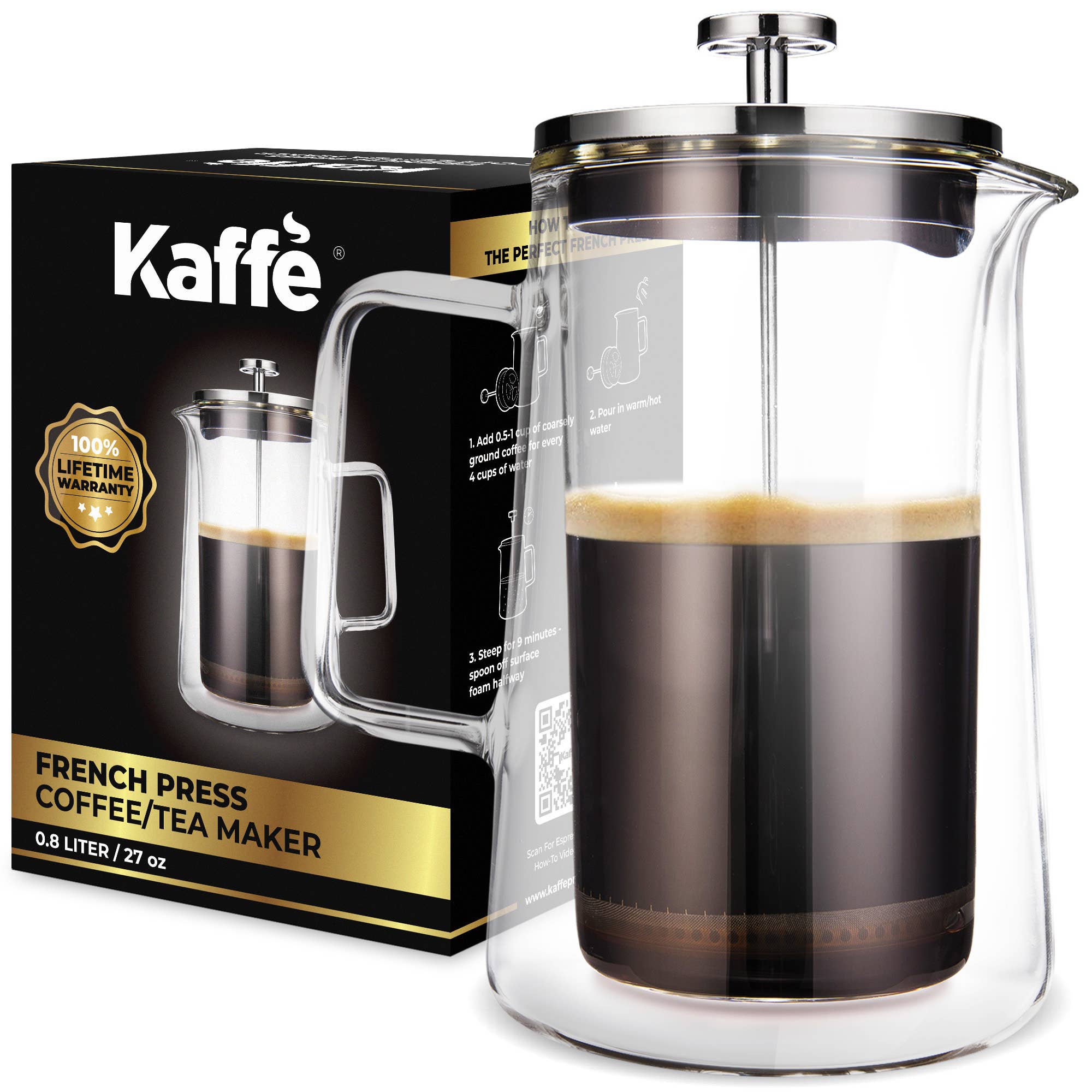Kaffe French Press Coffee Maker – 0.8L Double-Wall Glass Design | Perfect for Rich Coffee & Tea