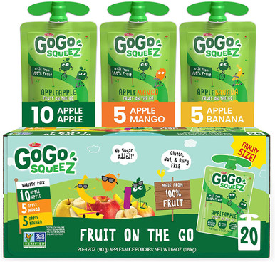 GoGo squeeZ Fruit on the Go Variety Pack, Apple Apple, Apple Banana, & Apple Mango, 3.2 oz. (20 Pouches) – Tasty Kids Applesauce Snacks – Gluten Free Snacks for Kids – Nut & Dairy Free – Vegan Snacks