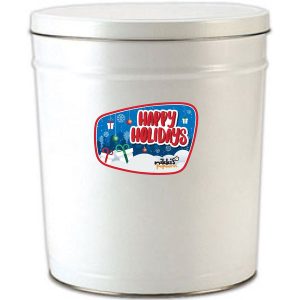 6.5 Gal White Happy Holidays Gourmet Popcorn Tin